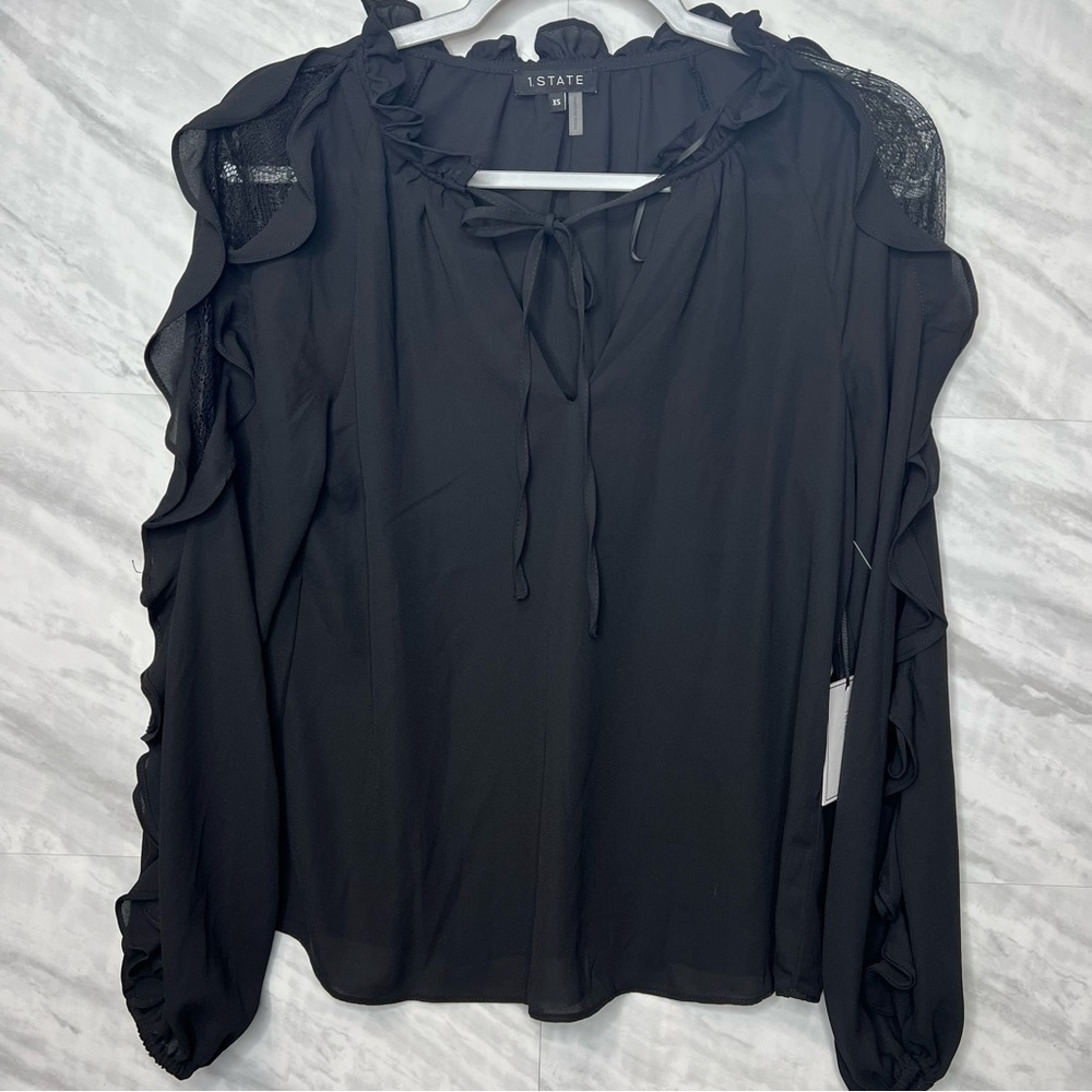 1. State Long Sleeve Ruffle Black Blouse XS